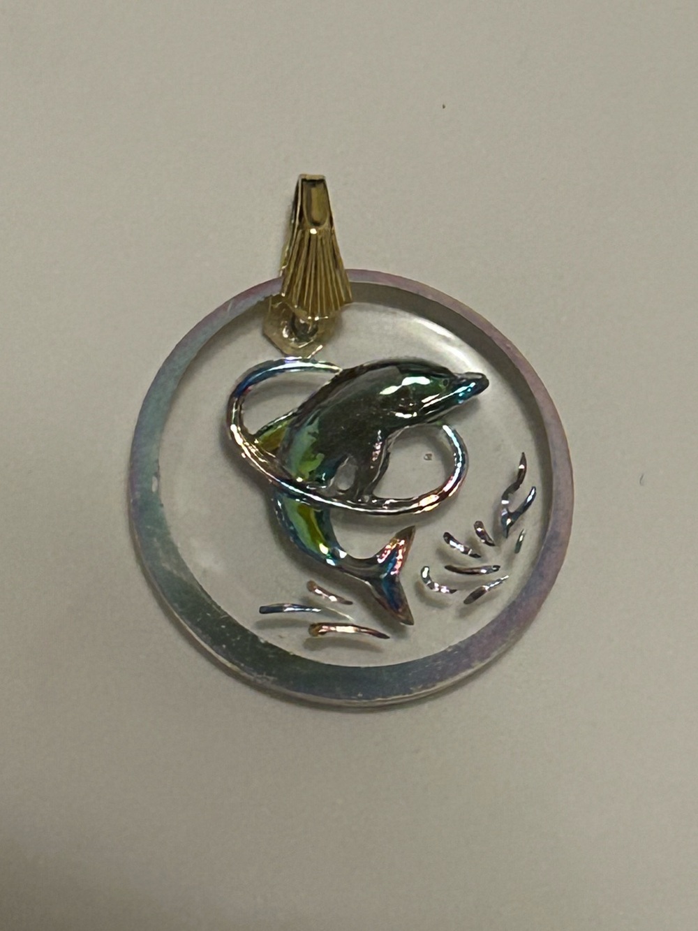 Silver Iridescent Dolphin Pendant Necklace Vintage Collectible Charm Rainbow